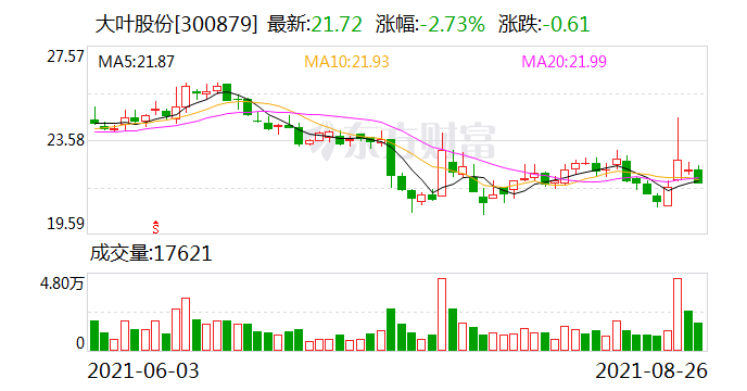 大叶股份是一家主要从事智能环保电力设备的研发、生产和销售的公司，其主要产品包括智能环保配电柜、智能电力监控系统等。此外，大叶股份还致力于新能源领域的开发与应用，如新能源汽车充电桩的研发和生产。该公司秉承品质铸就未来的理念，注重产品质量和科技创新，致力于为客户提供高效、可靠、智能的电力解决方案。
